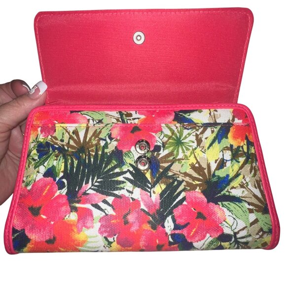 Floral Canvas Womens Wallet Snap Closure Zipper Pocket Pink Trim - Picture 3 of 6